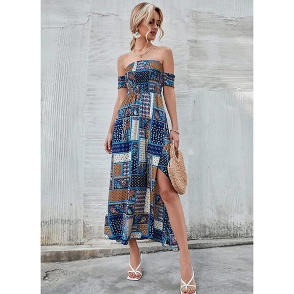 Dresses & Skirts - Boho Blue Paisley Patchwork Printed Off Shoulder Wrap V-Neck Leg Slit Maxi Dress